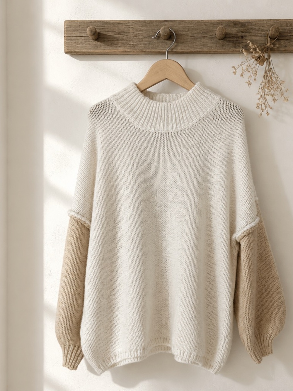 Saodimallsu Womens Medium White Beige Oversized Textured Knit Mock Neck Sweater - Picture 4 of 11